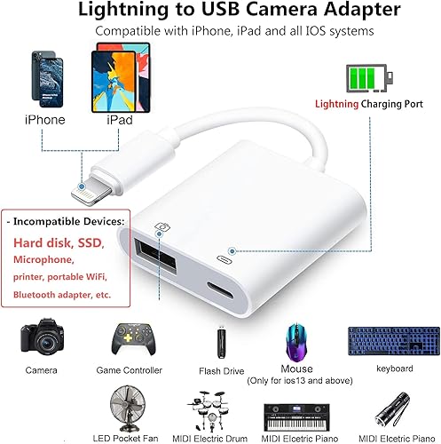 Miniatura 2 de Adaptador de cámara Lightning a USB para iPhone con puerto de carga Lightning USB 3.0 Cable OTG hembra teclado ratón sin soporte USB C, SSD