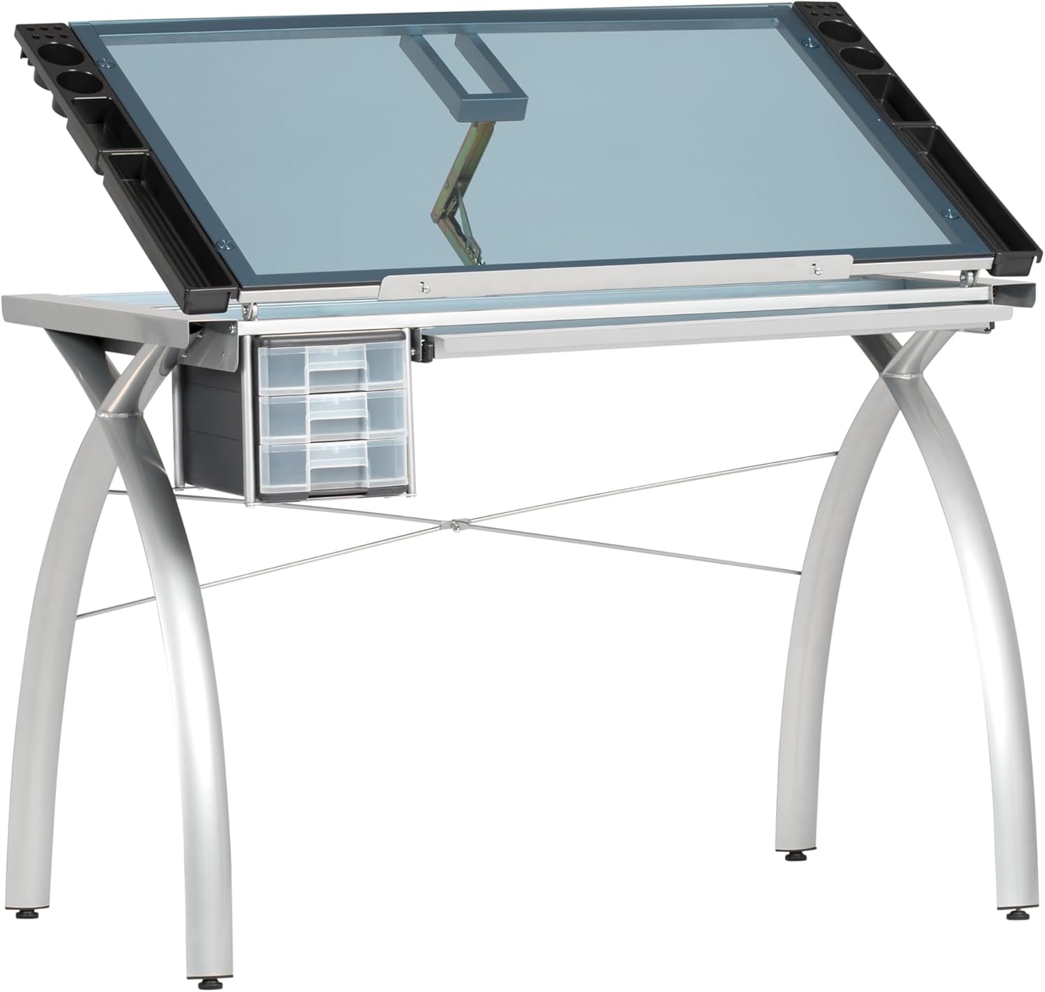 SD Studio Designs 10050 Futura Craft & Drawing Table with Adjustable Tempered Safety Glass Top – Modern Art Desk with Storage Drawers, Pencil Ledge, Silver/Blue Glass