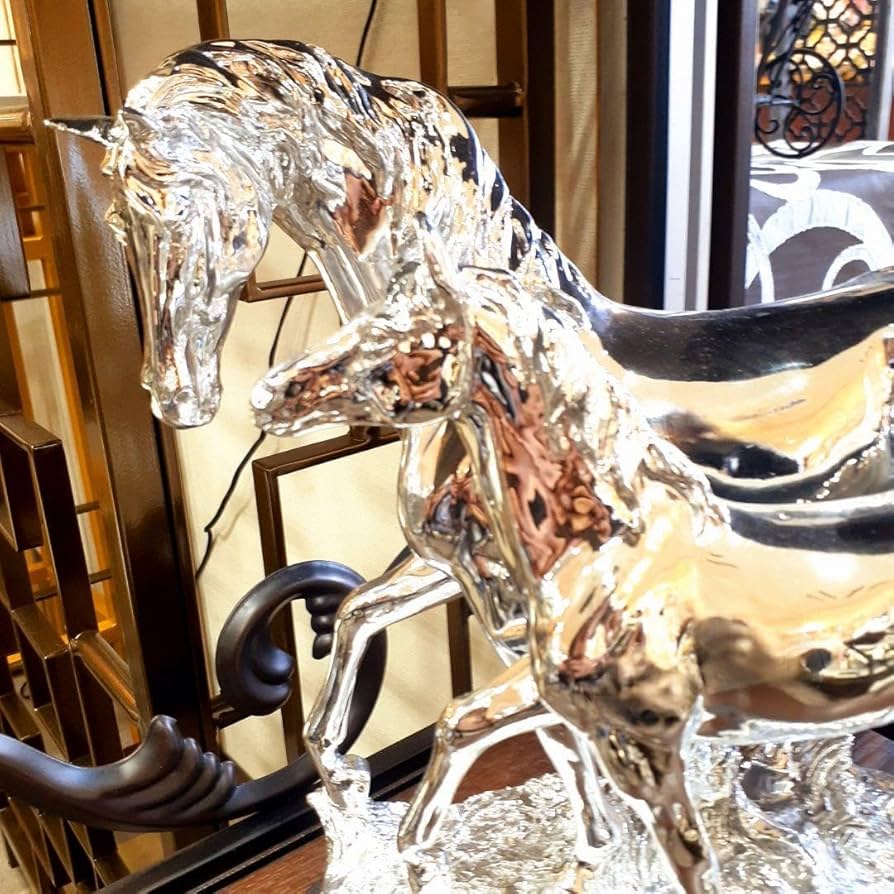 輸入雑貨優駿『親子シルバーホース』縁起物ヴィンテージ高級インテリア重厚