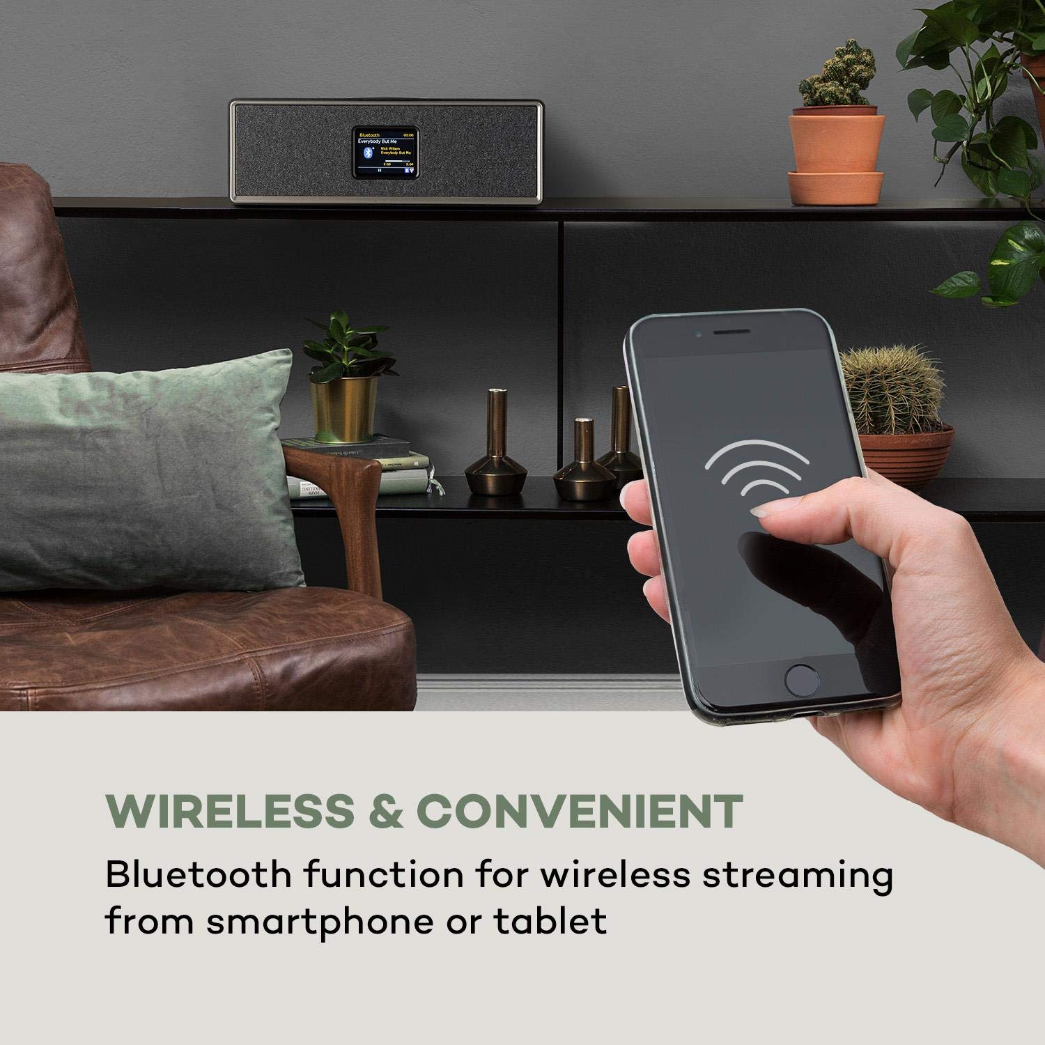 auna Simpfy - Altavoz inalámbrico, Sintonizador de Radio Internet, Dab+, Bluetooth, Pantalla LCD a Color de 2.8", App UNDOK, AUX, Salida línea, USB, 40W, Mando a Distancia, Carcasa Madera, Negro