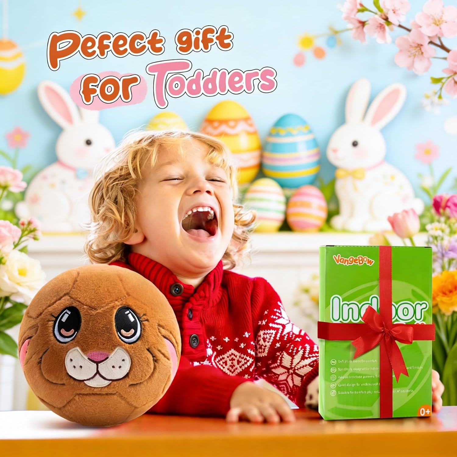 VangeBow Silent Indoor Soccer Balls for Toddlers 1-3, Inflatable Soft Plush Baby Toddler Soccer Ball Toys Gifts for Kid 3-5 Year Old Boy Girl First Birthday Gift (Easter Bunny, Pump Include)
