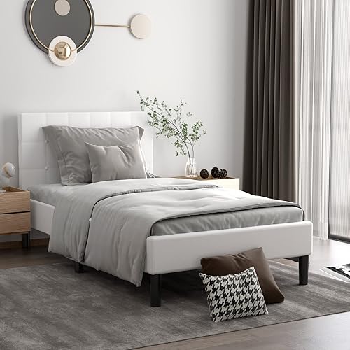 Miniatura 10 de Giantex Base de cama tapizada tamaño individual, cama de plataforma con cabecero copetudo con botones y soporte de listones de madera fuerte, base