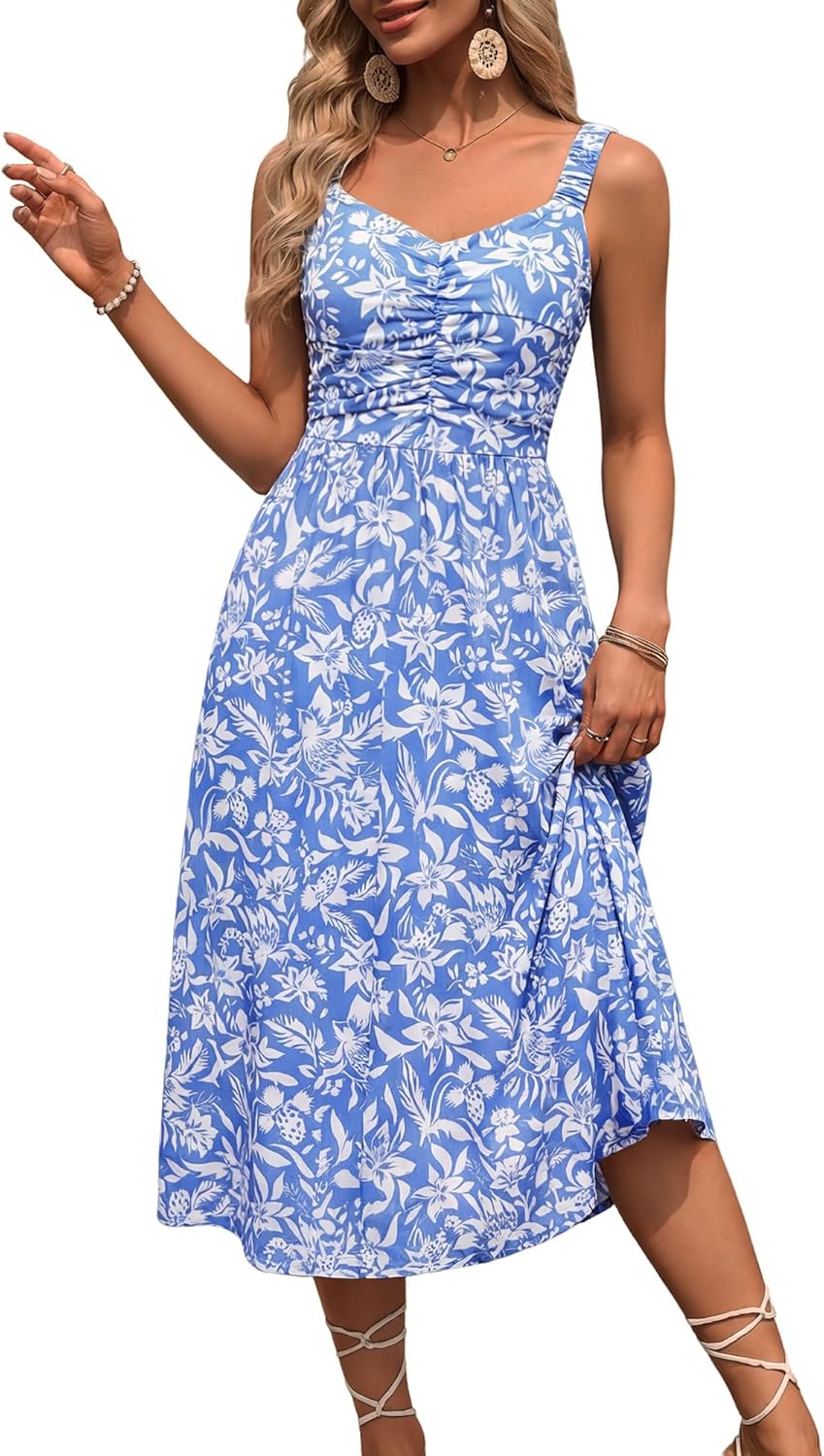 HUHOT Women Elastic Straps Summer Sun Dresss with Pockets