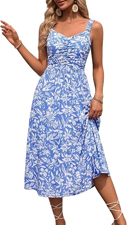 HUHOT Women Elastic Straps Midi Summer Sun Dresss with Pockets