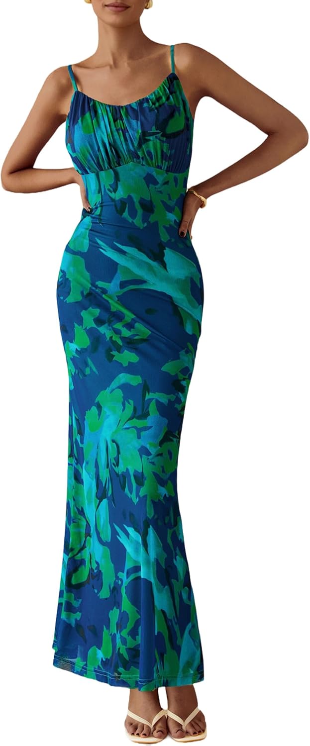 PRETTYGARDEN Women's Floral Bodycon Maxi Dress Summer Beach Sundress Sleeveless Spaghetti Strap Wedding Guest Dress - Image 3