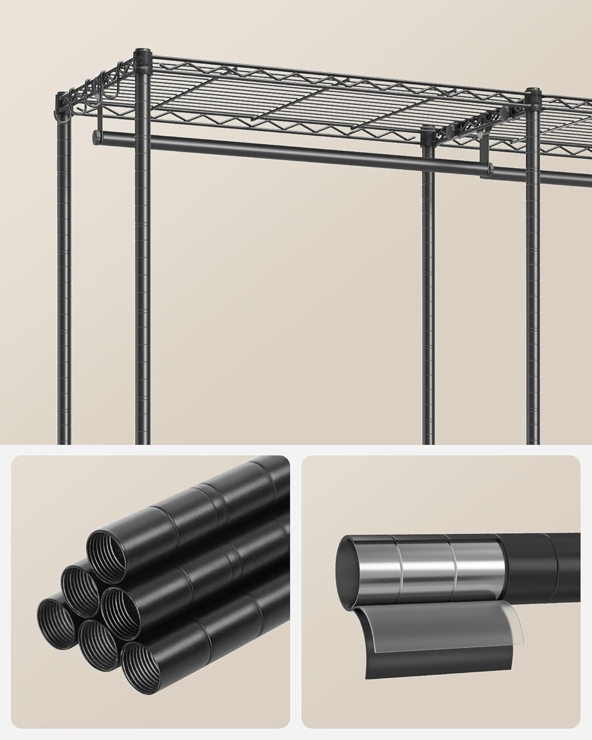 SONGMICS Wardrobe Metal Wardrobe with Adjustable Shelves, Clothes Rails and Hooks, Heavy Duty Separable Clothes Stand, Ink Black LGR431B01