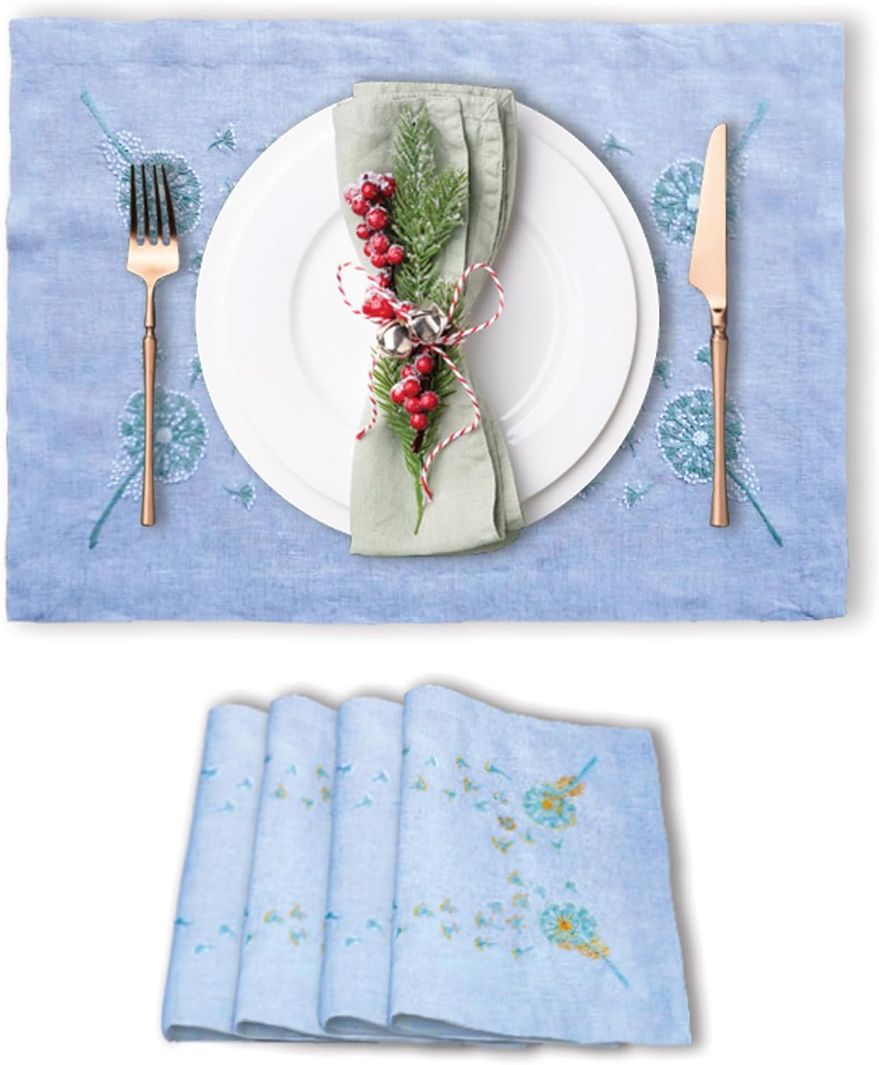 Cloth Placemats Set of 4, 14x20 Inch, 100% Linen, French Knot Hand Embroidered Floral Design, Machine Washable & Reusable, Decorative Table Mats for Dining, Kitchen (Blue Grey)
