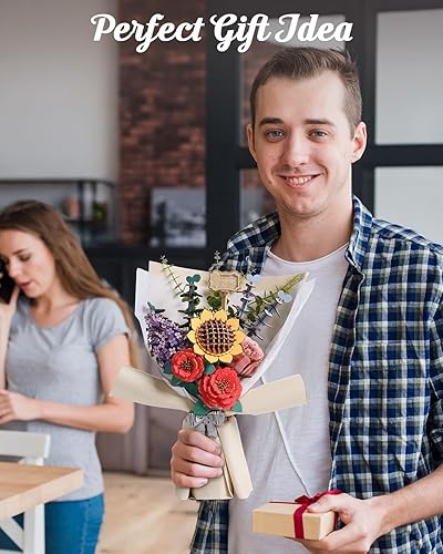 Miniatura 8 de Rowood Juego de construcción de ramo de flores de madera, kit de manualidades rompecabezas 3D para adultos, colección botánica de flores