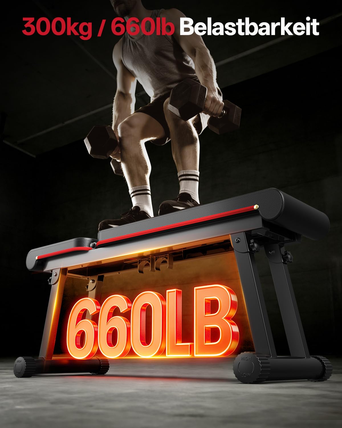 PASYOU Hantelbank Klappbar Flachbank, Verstellbare Trainingsbank Bankdrücken Bank für Zuhause mit 300KG Belastbarkeit, 6-Stufige Neigung Fitnessbank mit Doppelrahmen (PB300)