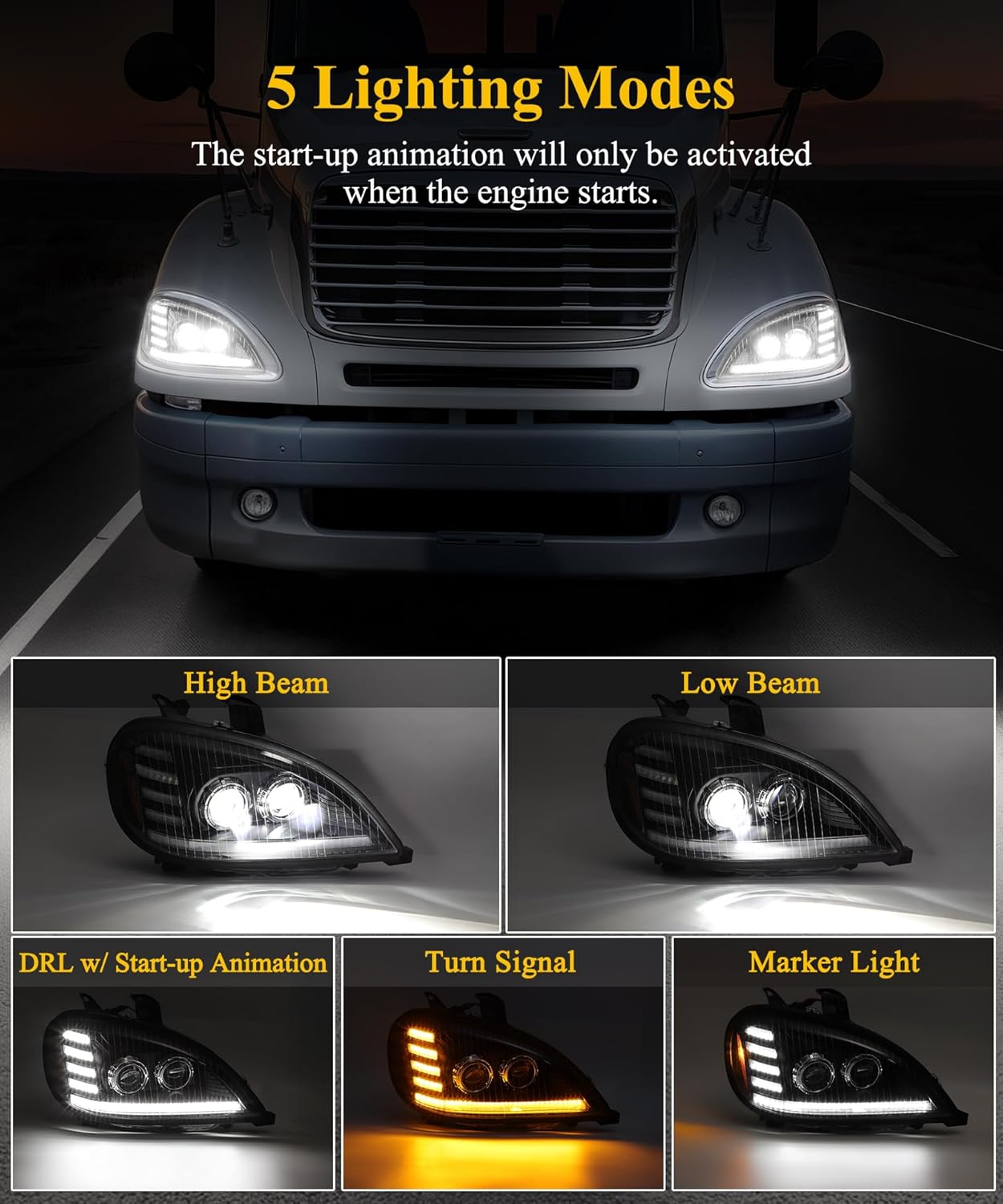 Partsam LED Headlights Assembly Compatible with Freightliner Columbia 1996-2017, DOT Approved with Start Animation Sequential Turn Signal High/Low Beam DRL Marker Lights, 6500K IP67