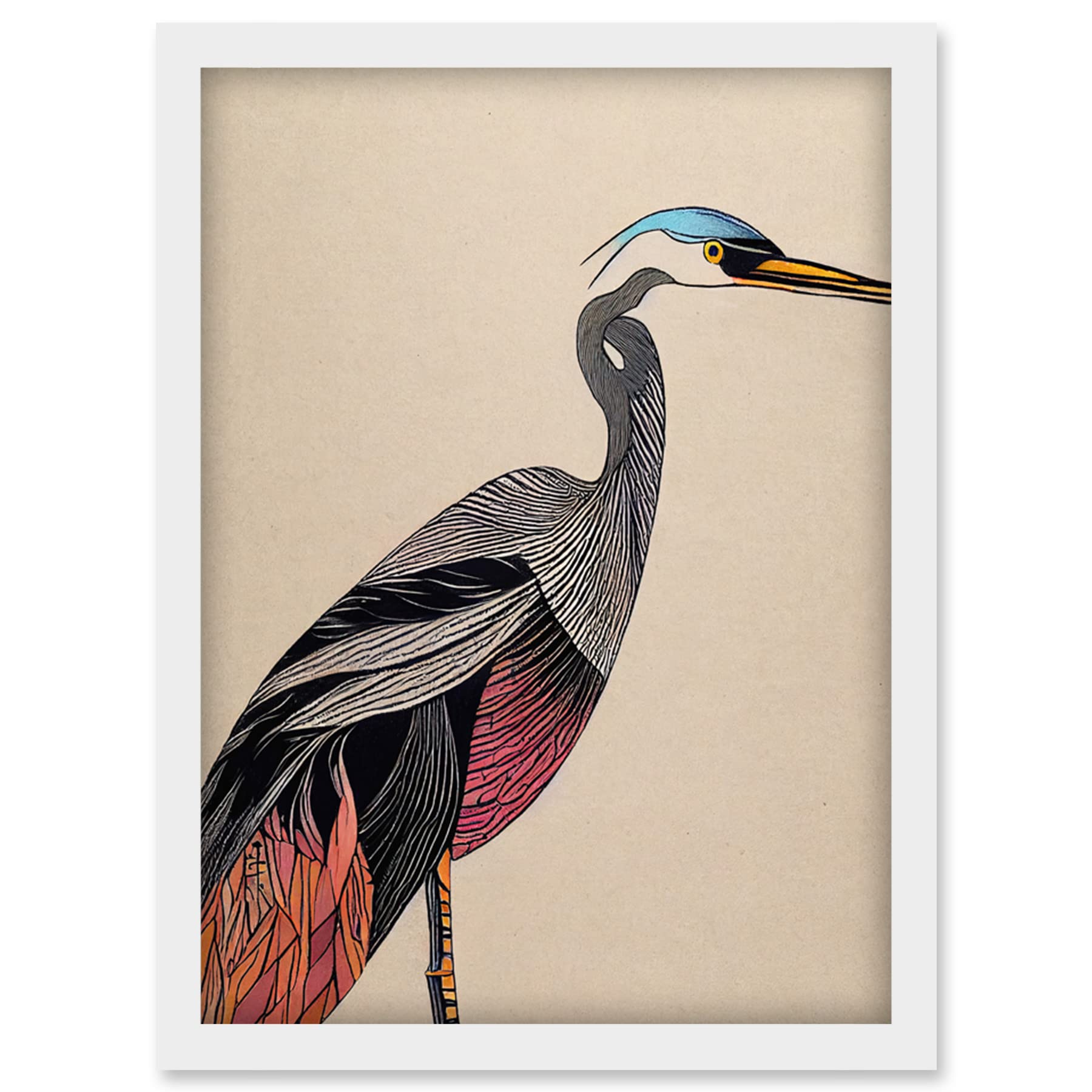 Doppelganger33 LTD Abstract Heron Bird Illustration Coral And Teal Hue Illustration Artwork Framed Wall Art Print A4