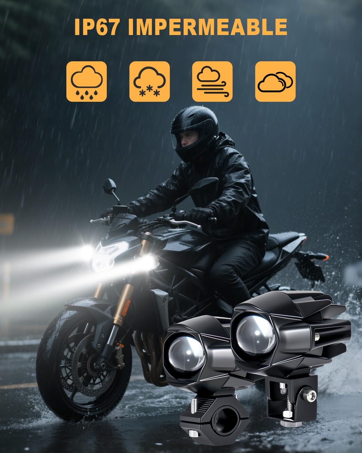Dinfu 60W Faros para Luz Delantera de Motocicleta, 9v -60v ronda LED faros antiniebla IP67 5 patrones de flash con arnés y 2 soportes de montaje para moto ATV UTV dirt bike 4x4 camioneta