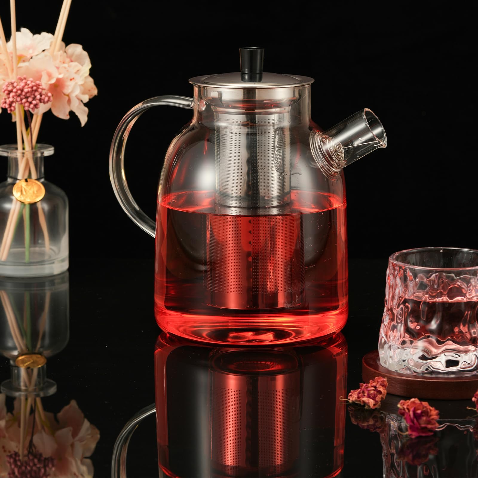 Szklany dzbanek do herbaty, 1,8 l, ze stali nierdzewnej, szkło borokrzemowe i podgrzewacz, nie kapiący, odporny na wysokie temperatury, nadaje się do mycia w zmywarce