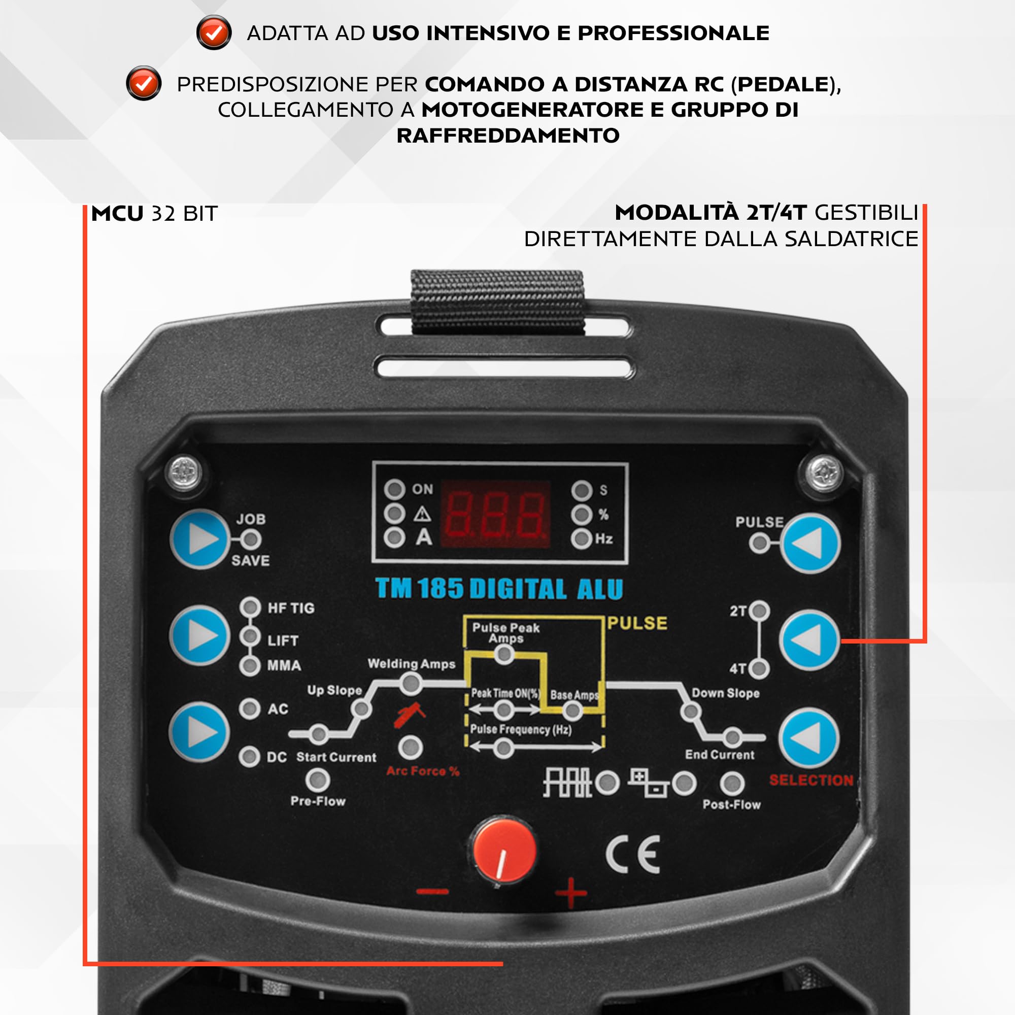 TIGMIG Saldatrice Inverter IGBT AC/DC TIG Pulsata Digitale + DC MMA, 180A, Salda tutti i metalli (anche ALLUMINIO e MAGNESIO), Digitale, MCU 32 bit, TM 185 DIGITAL ALU, Garanzia e Assistenza ITALIA