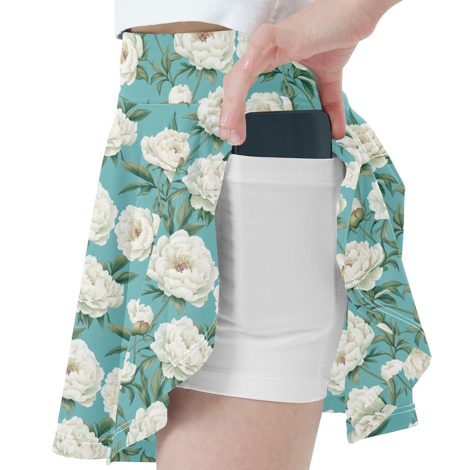 Art Peonies Girl Athletic Skort with Built in Shorts Kids Pleated Skort with Pockets Flowy Little Girl Skorts Turquoise