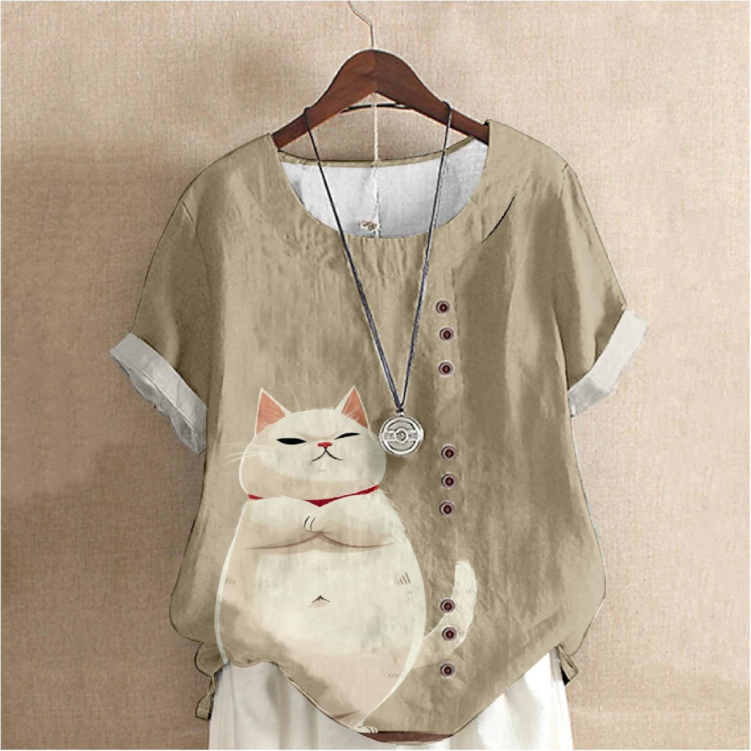Shirts for Women Cute Cat Print Short Sleeve Crewneck Summer Vacation Fashion Vintage Dressy Casual Tunic Tops - Image 2