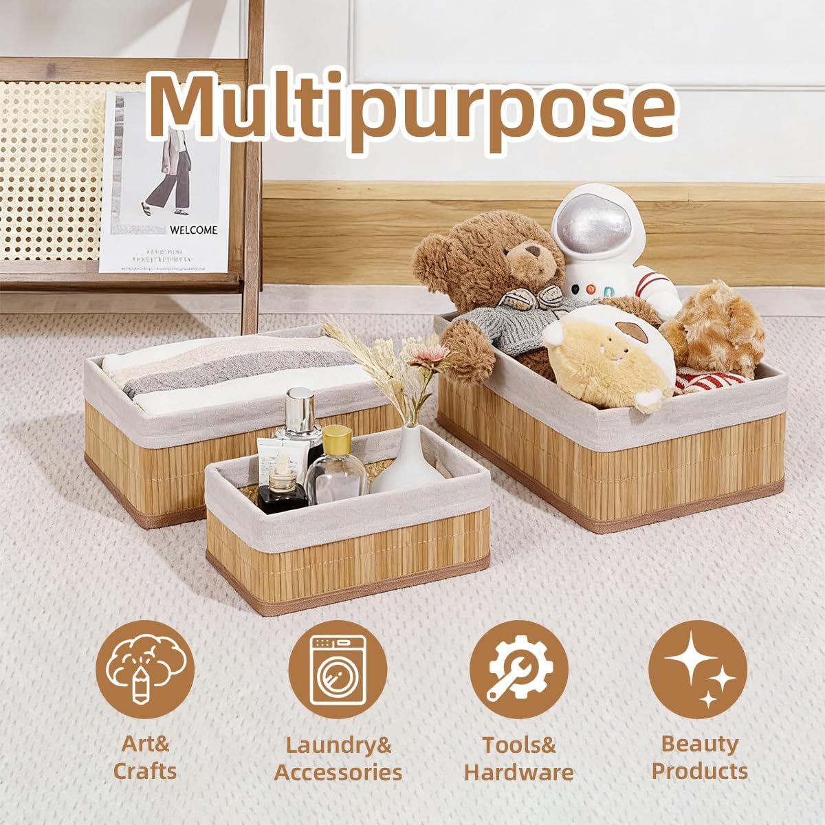 3 Pack Bamboo Hand woven Storage Shelf Basket Organizer System,Sturdy Foldable Storage Boxes for Organizing Pants，Underwear, Toys,Cabinet Organization - Shelf Organizer Shelves Basket Storage Bin