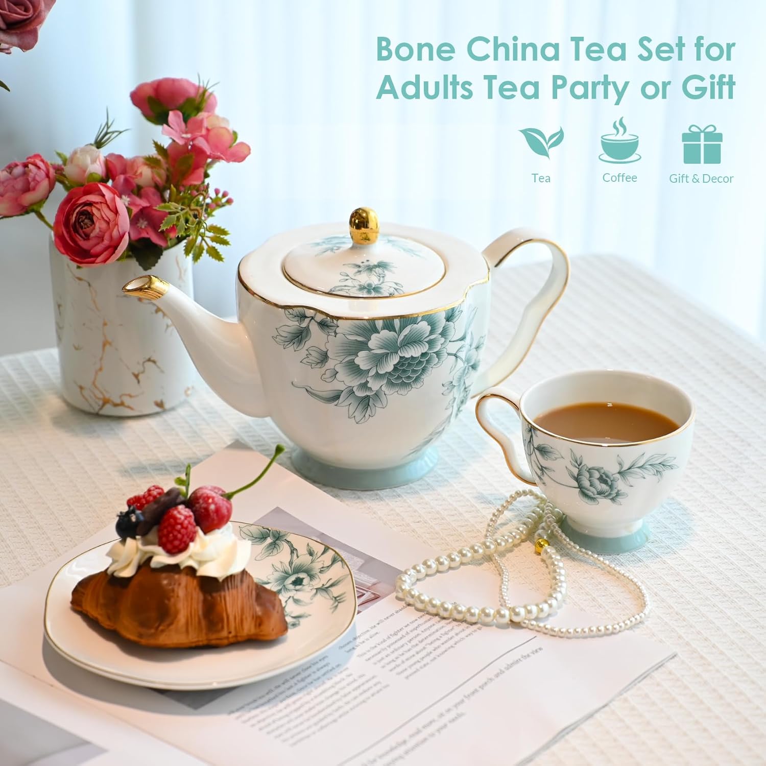 ACMLIFE Bone China Tea Sets for Adults, Blue and White Tea Gift Set, 21 Piece Porcelain, Cup and Saucer Set for 6 Vintage Floral Party for Women or Christmas Gifts Giving (Blue-Leaf-21) - Image 7