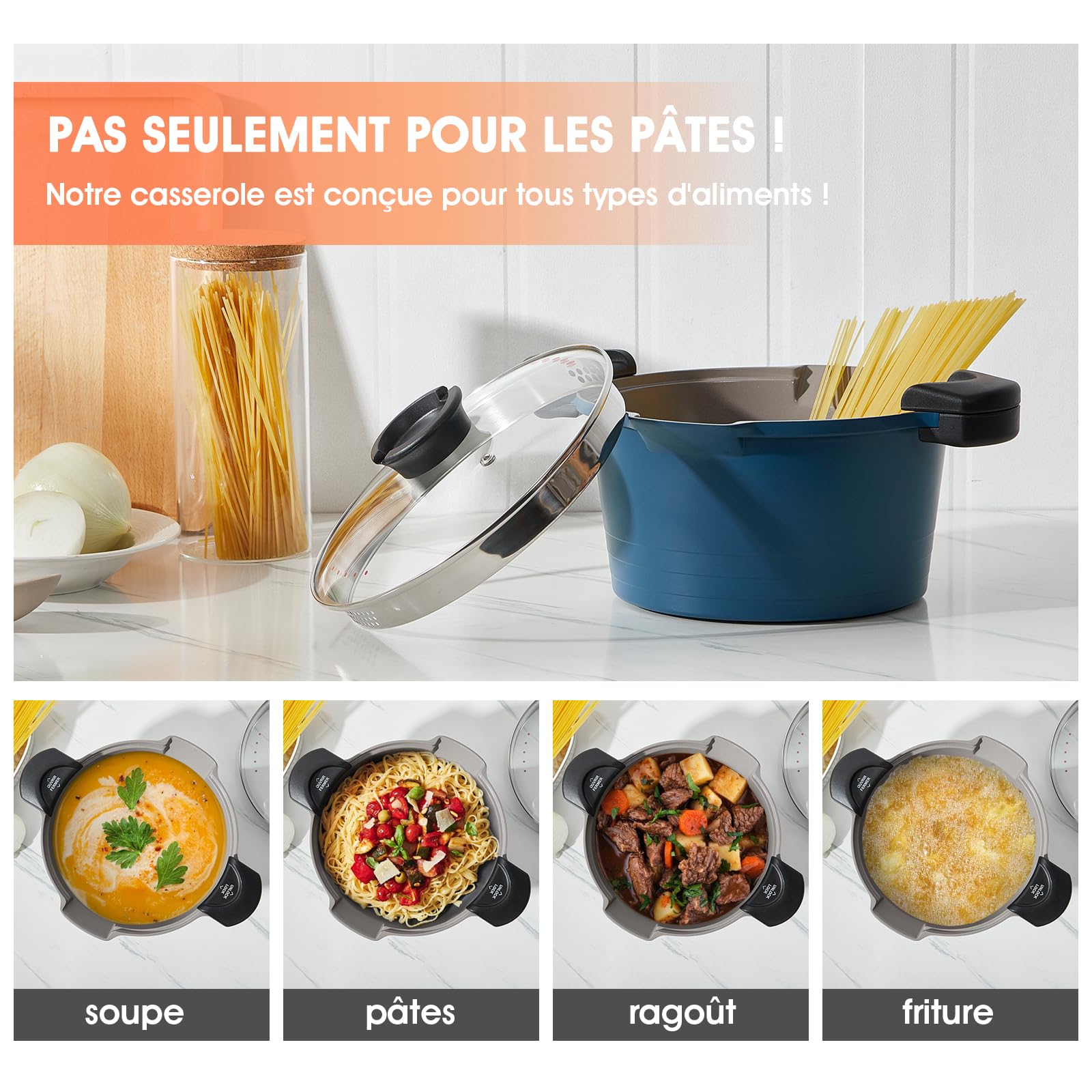 ROSSETTO Cuiseur à pâtes 24 cm 4,5L casserole induction, Revêtement Anti-Adhérent céramique, Faitout Marmite Fonte Aluminium tout feux, Couvercle en Verre, Bleu