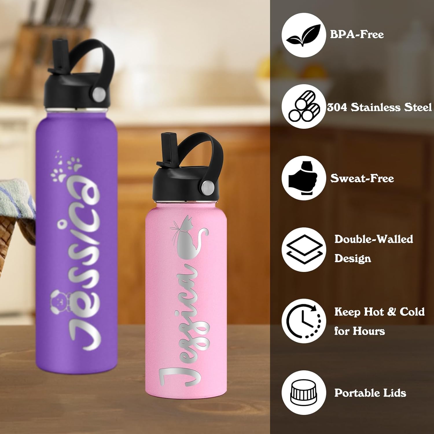 Personalized Insulated Water Bottle with Straw Lid Custom Engraved Sports Water Bottle with Name Customized Stainless Steel Water Bottle for Women Men-Purple