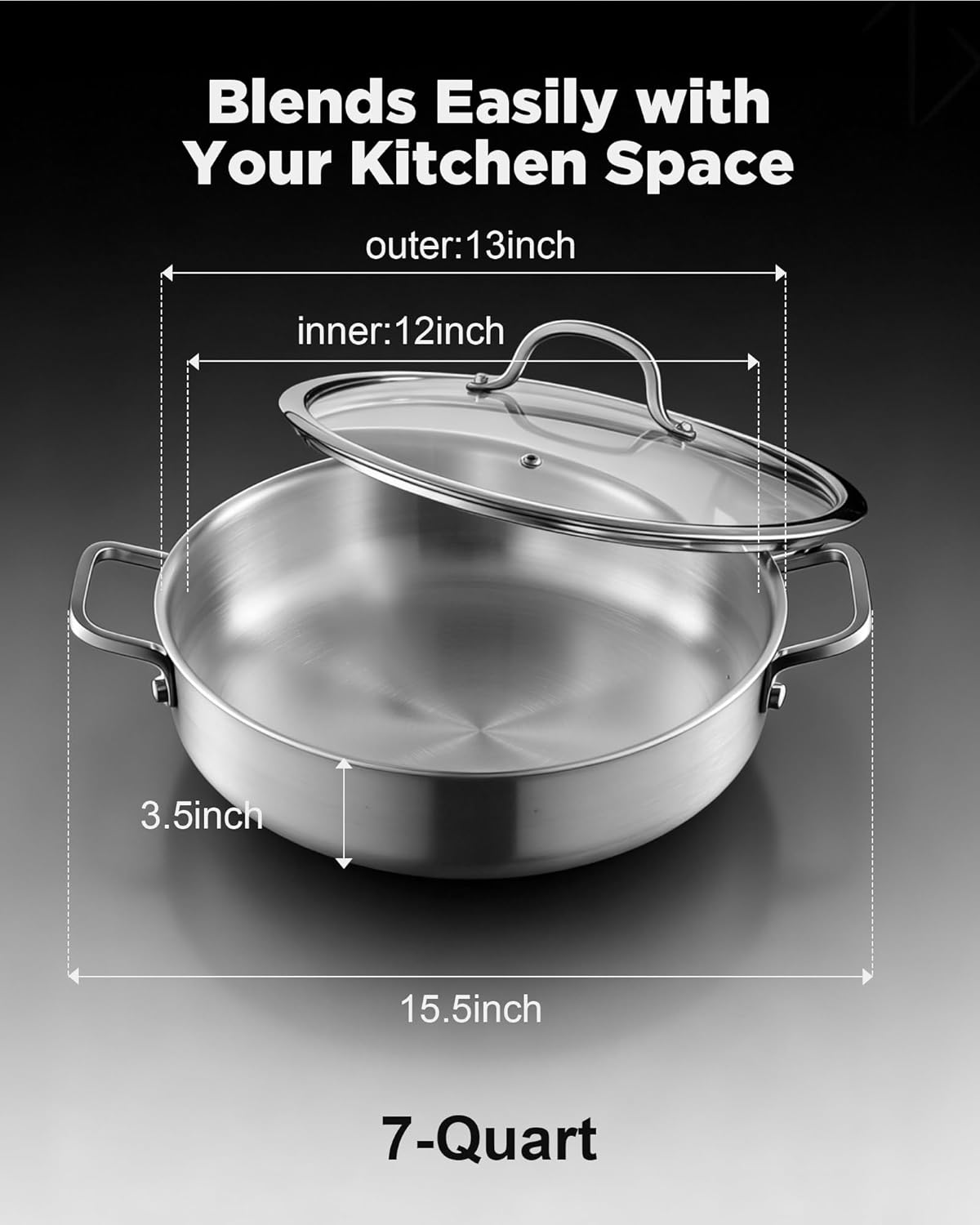 Saute Pan with Lid, 12 Inch 7QT Tri-Ply Stainless Steel Braiser Pan, Deep Frying Pan & Chef Skillet, Induction Compatible Cookware, Dishwasher & Oven Safe, Works on Gas and Ceramic Cooktops