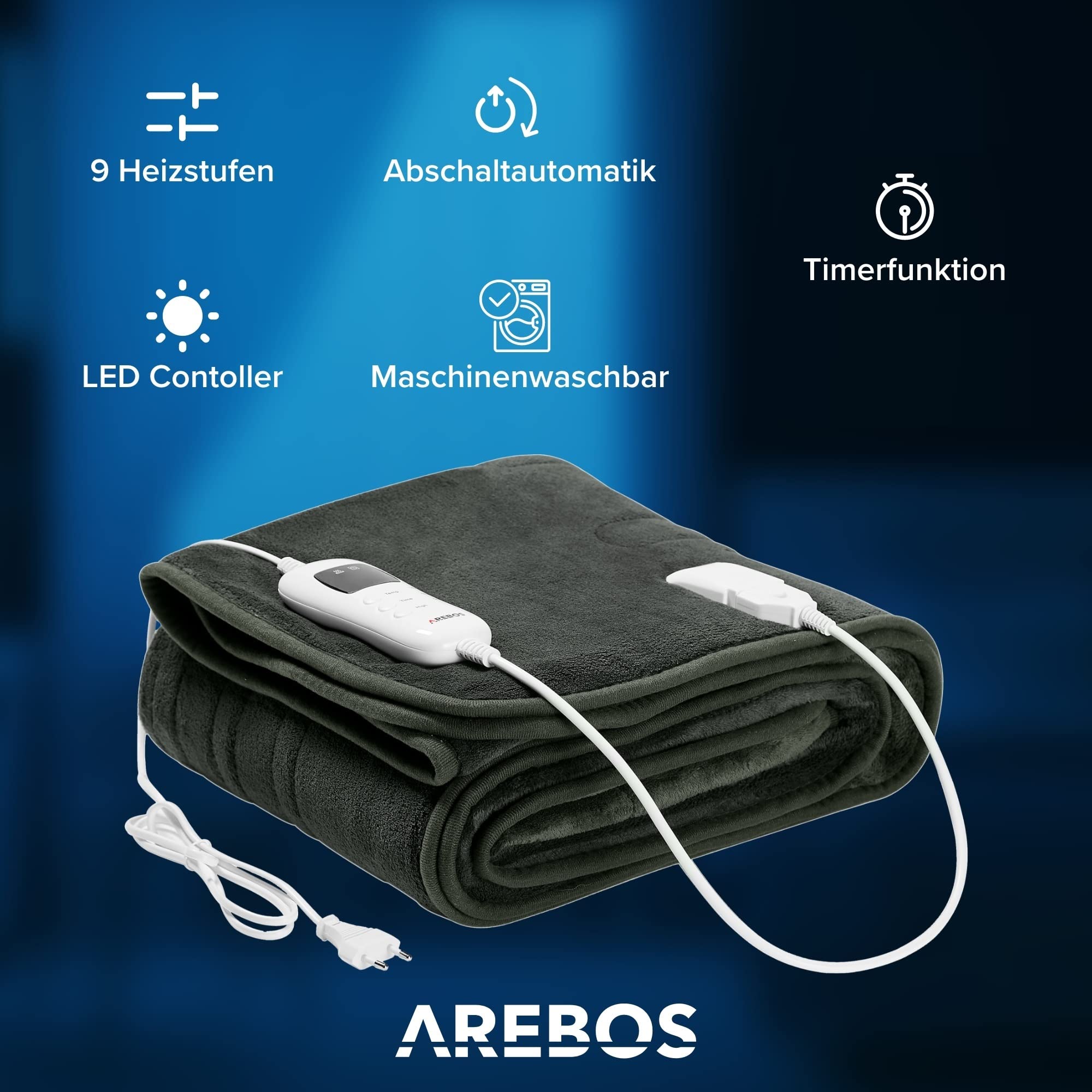 Arebos Heizdecke aus Plüsch 200x180cm | elektrische Wärmedecke mit Abschaltautomatik| maschinenwaschbar | Timer, Überhitzungsschutz, Vorheizfunktion | 9 Heizstufen | Anthrazit