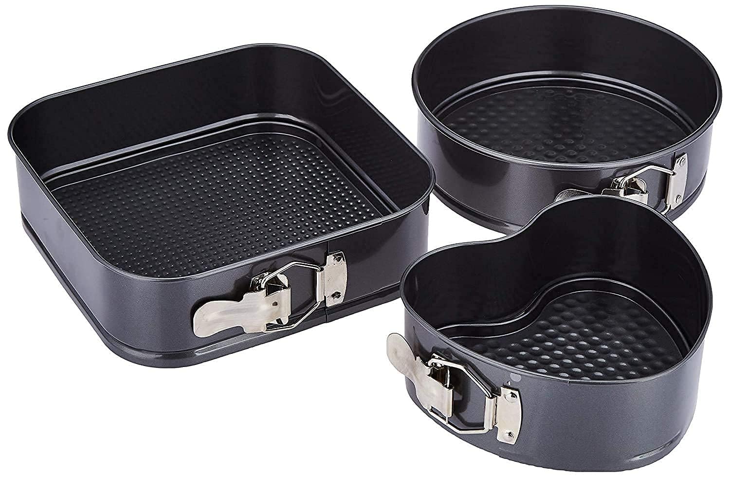 Set of 3 Cake Mould Three Design Circle Square and Heart Shaped Spring Form Cake Mould Non-Stick Cake Tins Pan Trays for Microwave Oven, and Cooker with Removable Base - (20 x 22 x24 - Black)-image-11
