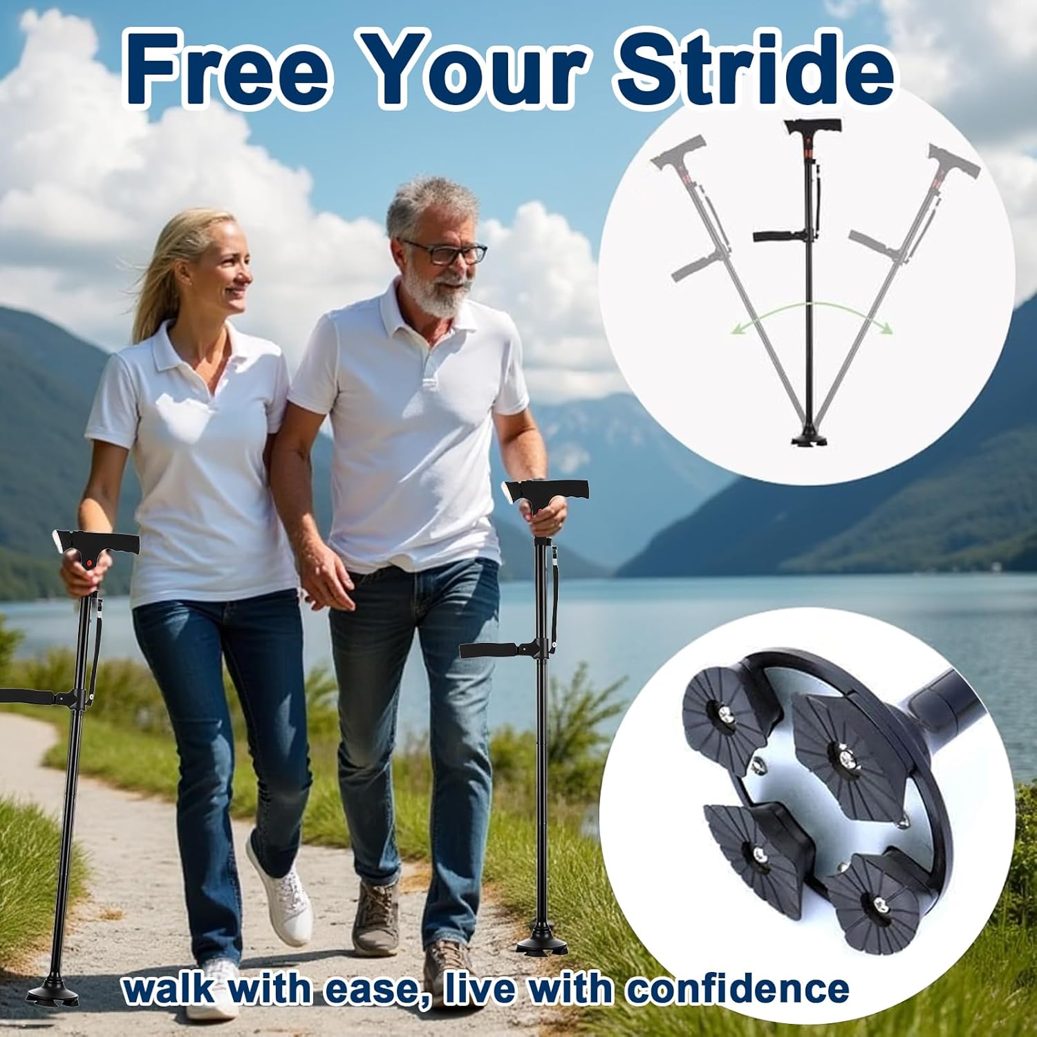 Walking Cane for Women & Seniors Balance – Foldable Adjustable Smart Cane for Men with LED Light & Alarm, Four-Leg Base & Double Handles, Lightweight Mobility Aid for Elderly Stability