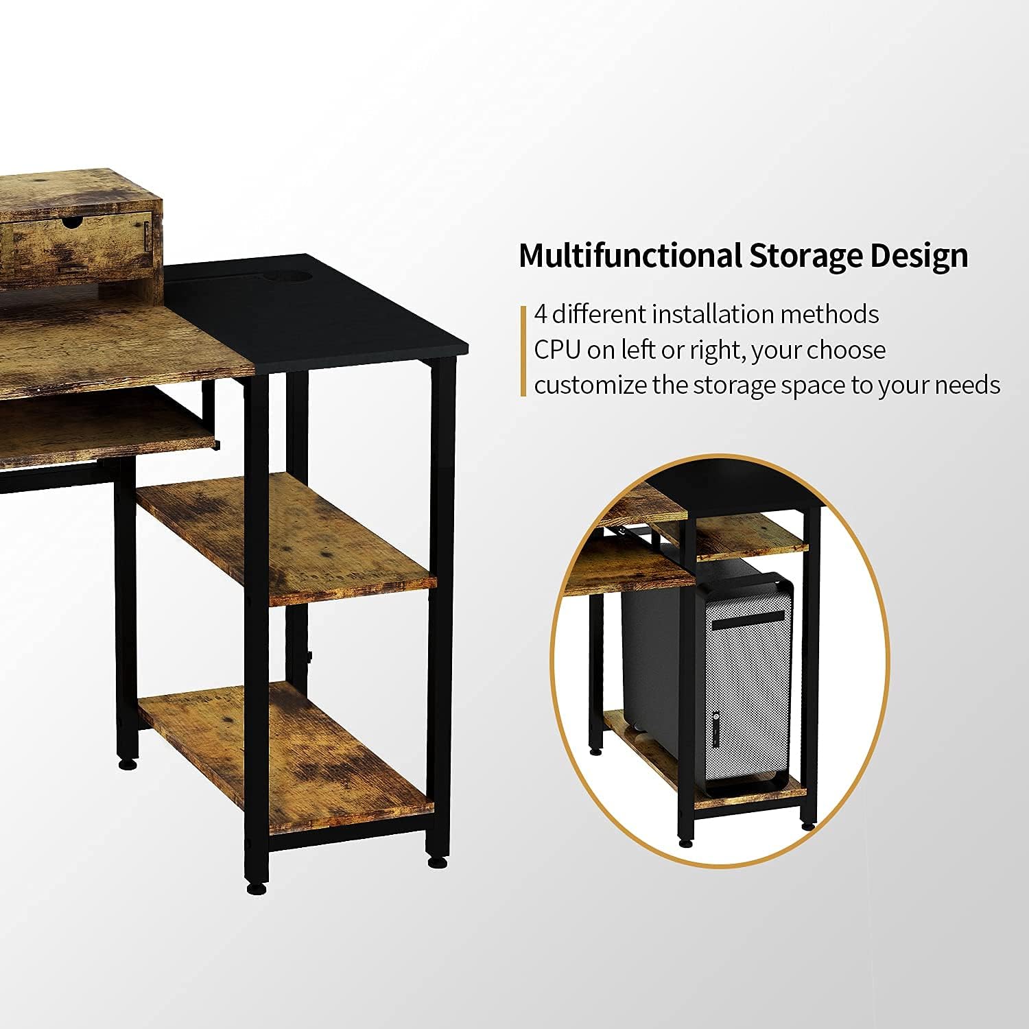 Frunimall 47'' Computer Desk with Storage Shelves, Writing Study Gaming Table for Home Office with Keyboard Tray, Monitor Stand, Rustic Brown : Home & Kitchen