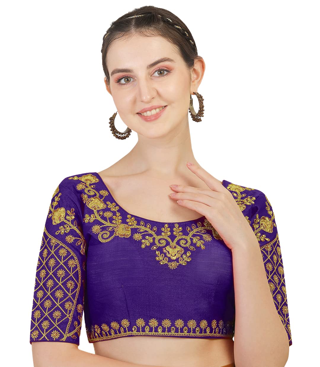 Pujia Mils Women's Silk Embroidered Half Sleeve Blouse (Floral_Purple_36)