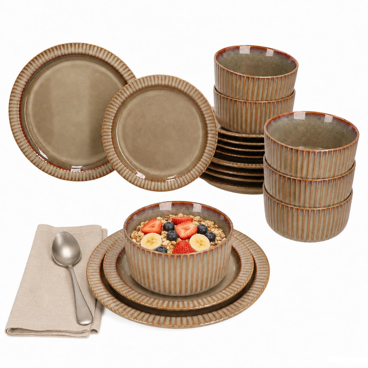 MamboCat Bistro Lot de 18 assiettes I 6 personnes I Service de table de dîner marron avec aspect rétro I 6 assiettes plates, bols à bol et assiettes à gâteau I Faïence