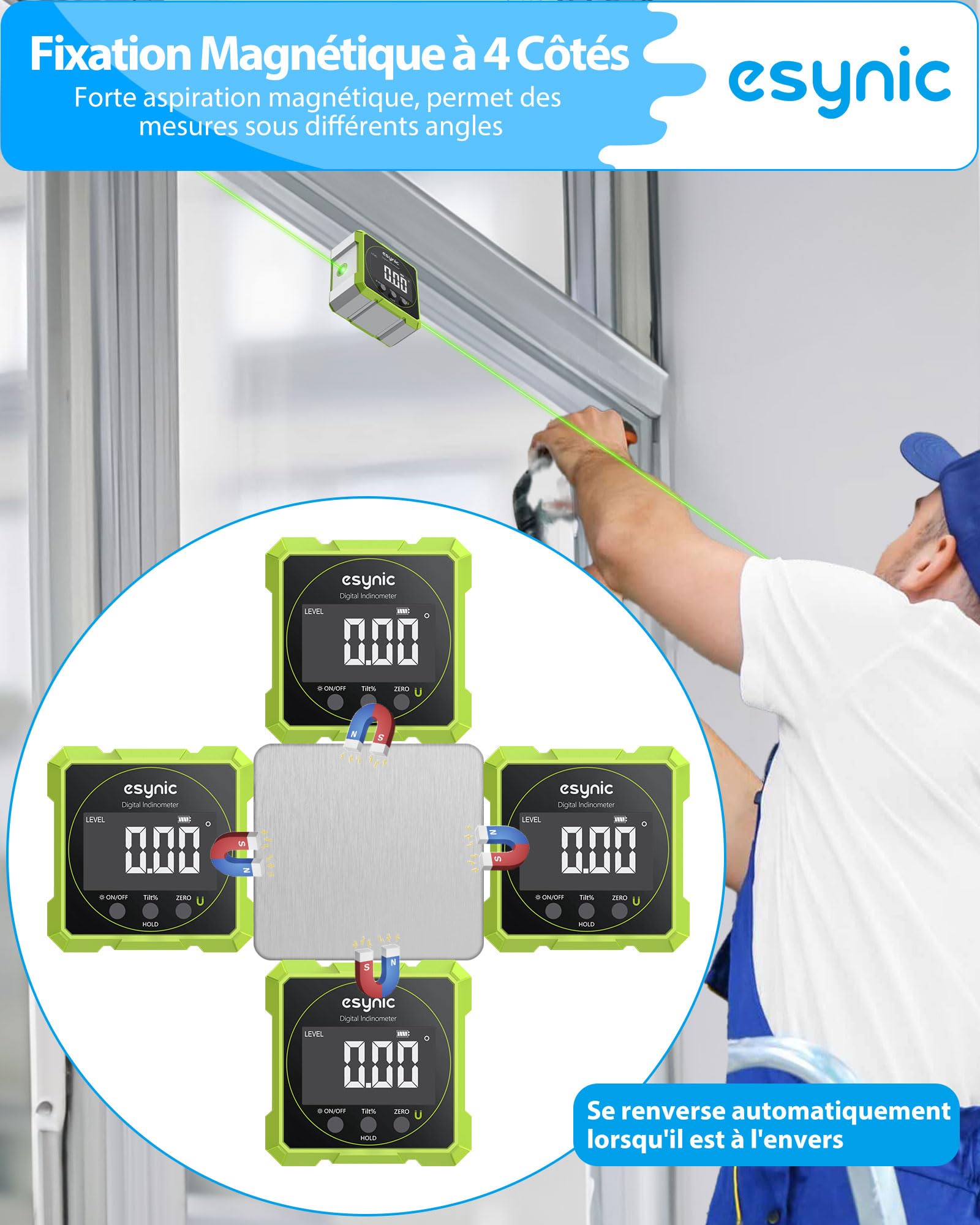 eSynic Inclinomètre Numérique avec Laser Vert 4 Faces Magnétiques Écran LCD VA Mesureur d'Angle Numérique 4*90° Réversible Réinitialisable Étanche IP54 Inclinomètre Magnétique pour Menuiserie Bâtiment