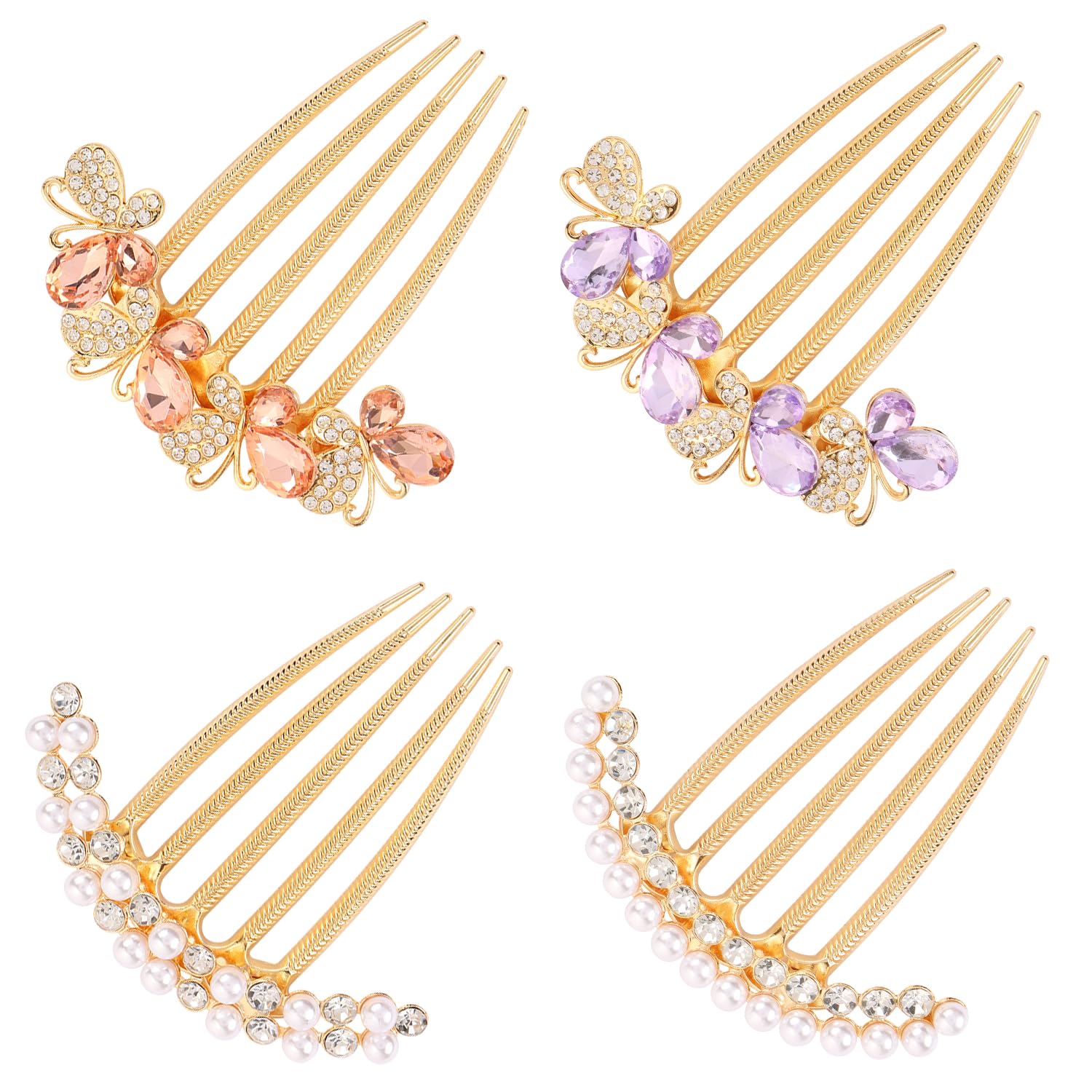 4 Pcs Pearl Rhinestones Hair Side Combs for Hair Accessories, Crystals Butterfly Hair Fork Clip for Updo Bun, Vintage Hair Combs Teeth Hair Pin for Women (Orange Purple Pearl Rhinestones) image 4