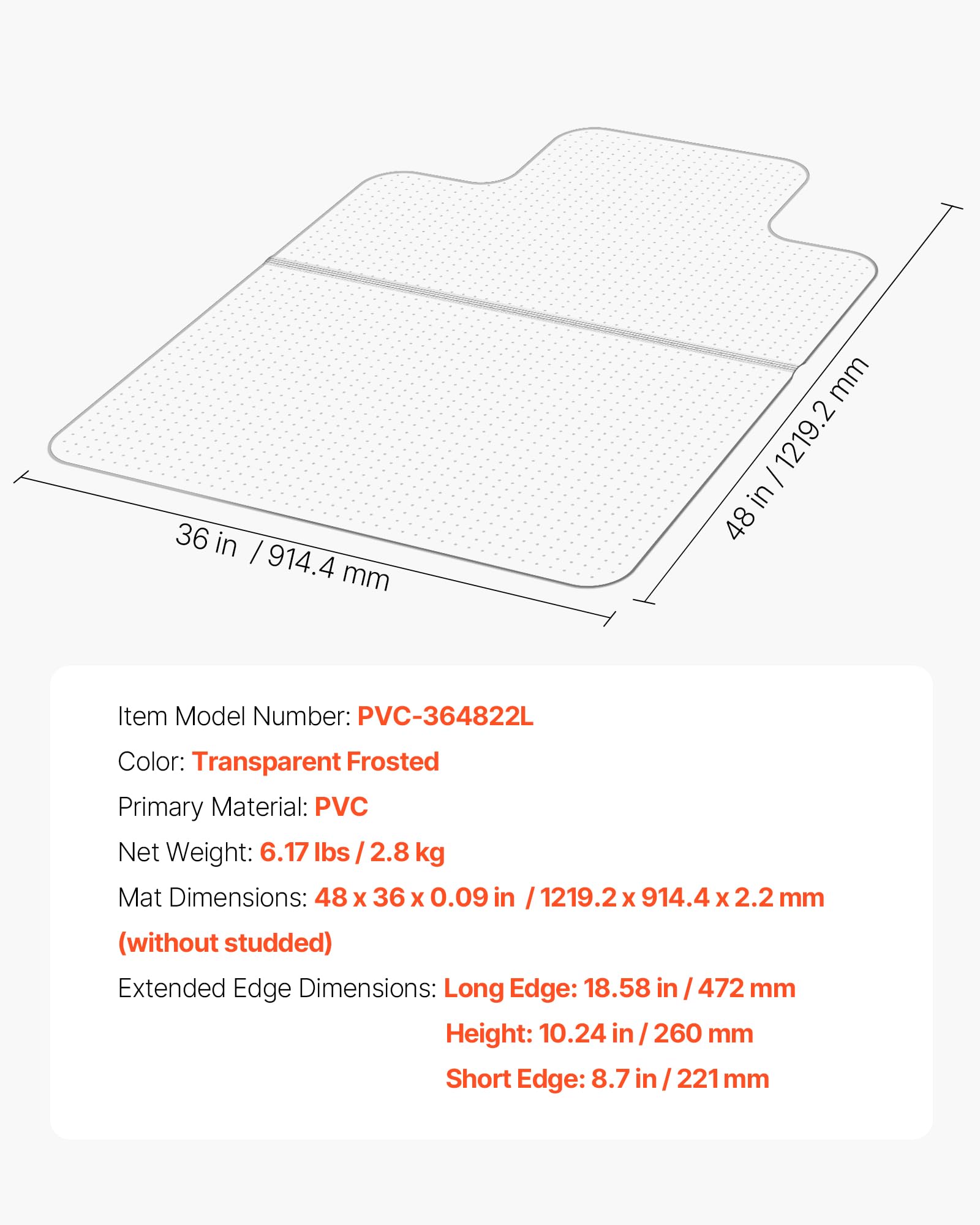 VEVOR Tappetino per Sedia con Bordo 1230 x 914 mm Tappeto Sedia Ufficio per Pavimenti in Moquette a Pelo Corto, Tappeto Protettivo Trasparente per Pavimenti in Plastica con Borchie, Facile da Pulire