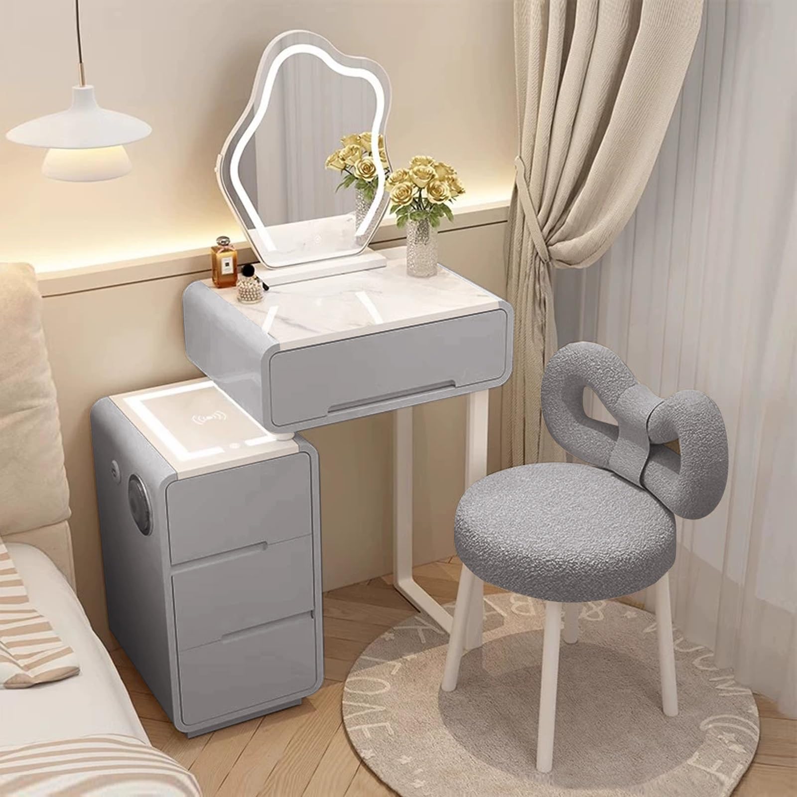 Smart Makeup Vanity Set con tavolo allungabile e specchio illuminato a LED, struttura in legno massello, sgabello imbottito, elegante design grigio, perfetto per gli amanti del trucco (80 cm)