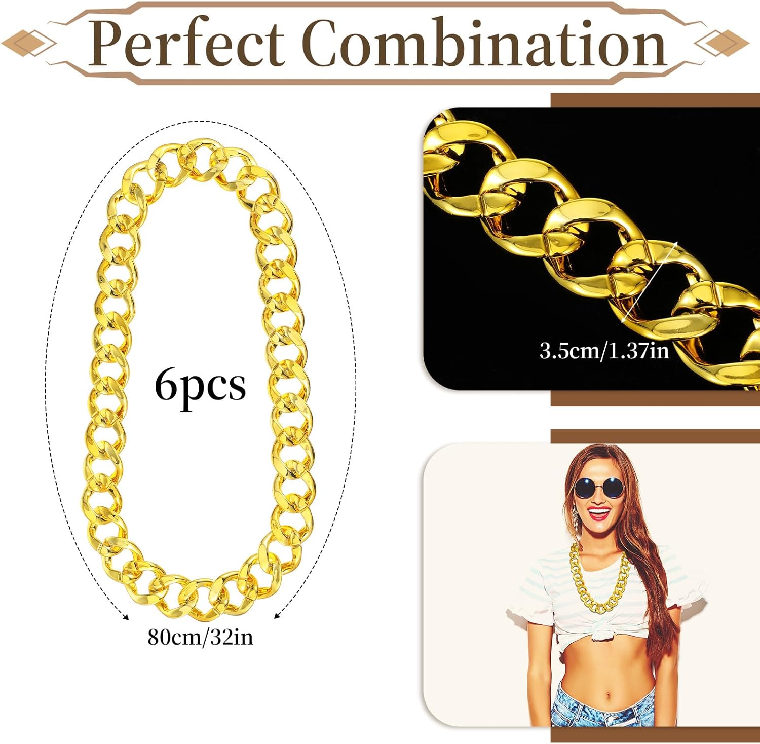 6 PCS Men’s Chunky Necklace, Hip Hop Chains Bulk 90s Golds Chains Acrylic Hip Hop Fake Golds Necklace Men’s Chunky Necklaces for Costume Accessory Cosplay Men Women(31.5 Inches x 1.37 Inch) - Image 2