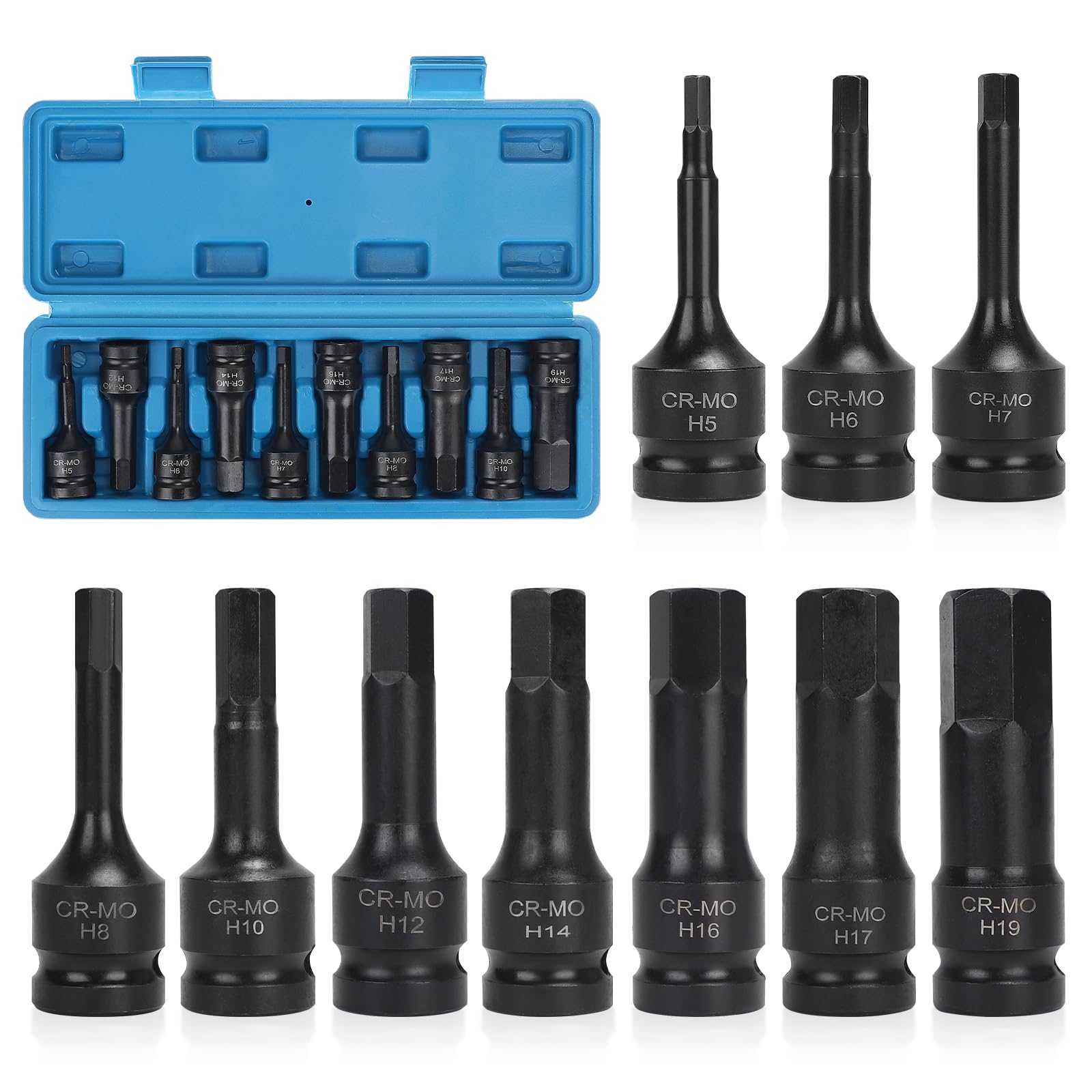 EFUTURETIME 10 Pz. Set Bussole Esagonali 1/2", H5, H6, H7, H8, H10, H12, H14, H16, H17, H19, Bussole Esagonali Maschio con Scatola, Cr-Mo, per Viti ad Esagono Incassato
