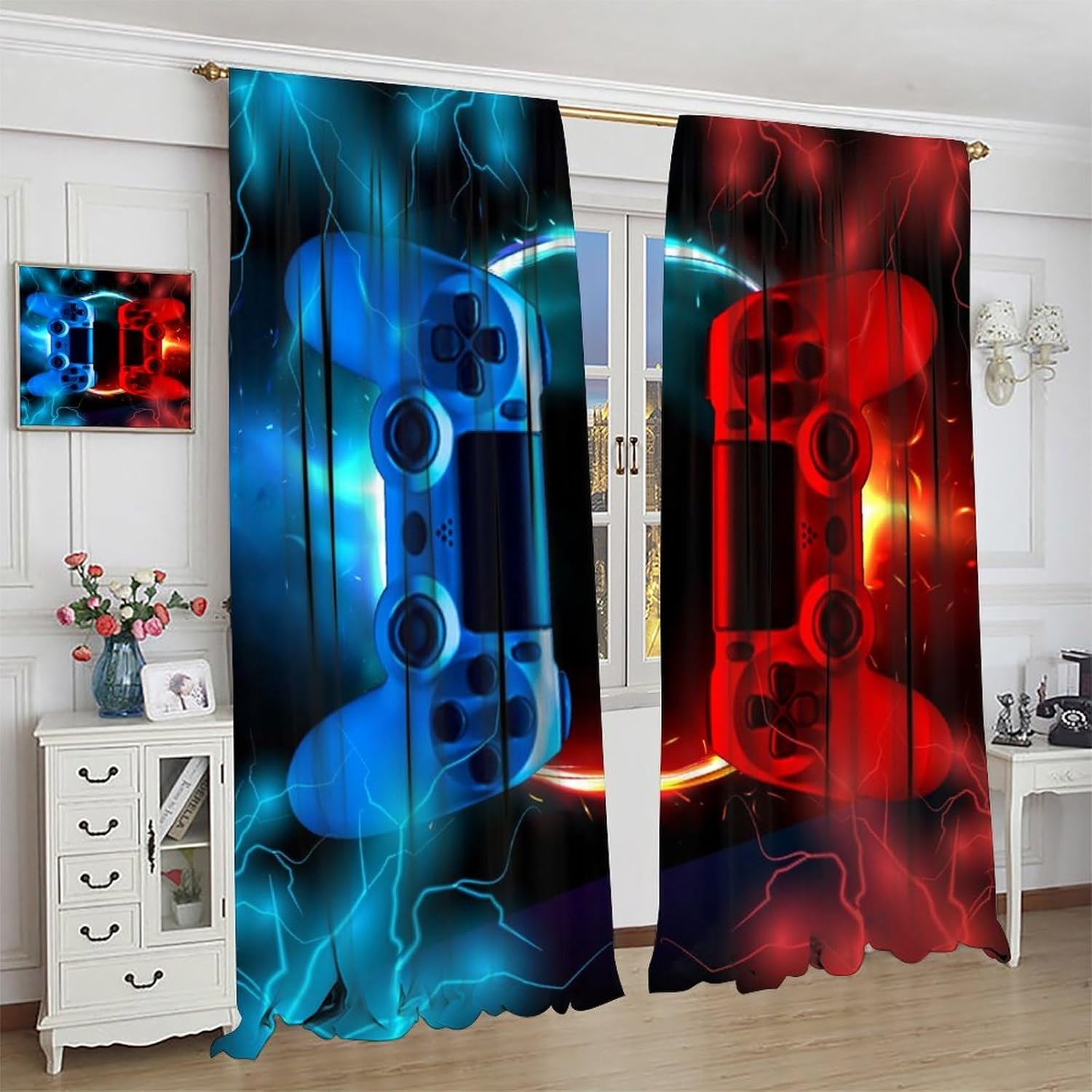 Boys Gaming Game Controller Blackout Curtains, Lightning Flame Blue Red Colorful Window Treatments for Teens Kids Girls Bedroom Living Room Bathroom Home Drapes 63x63 Inch