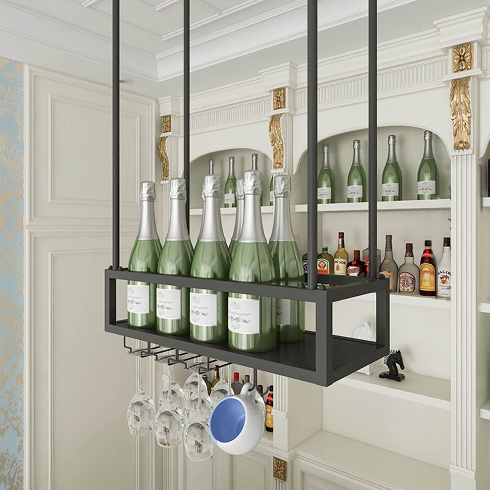 Soporte para botellas de vino para colgar en el techo, organizador de copas de vino de metal con diseño ajustable, acabado negro mate para almacenamiento en el hogar, bar o cocina