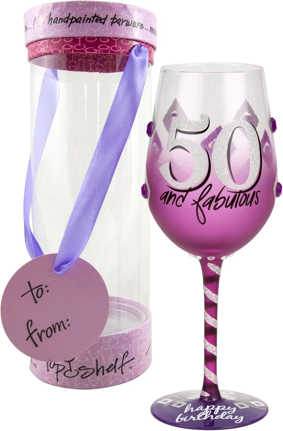 Top Shelf 50th Birthday Wine Glass ; Unique & Thoughtful Gift Ideas for Friends and Family ; Hand Painted Red or White Wine Glass for Mom, Grandma, and Sister