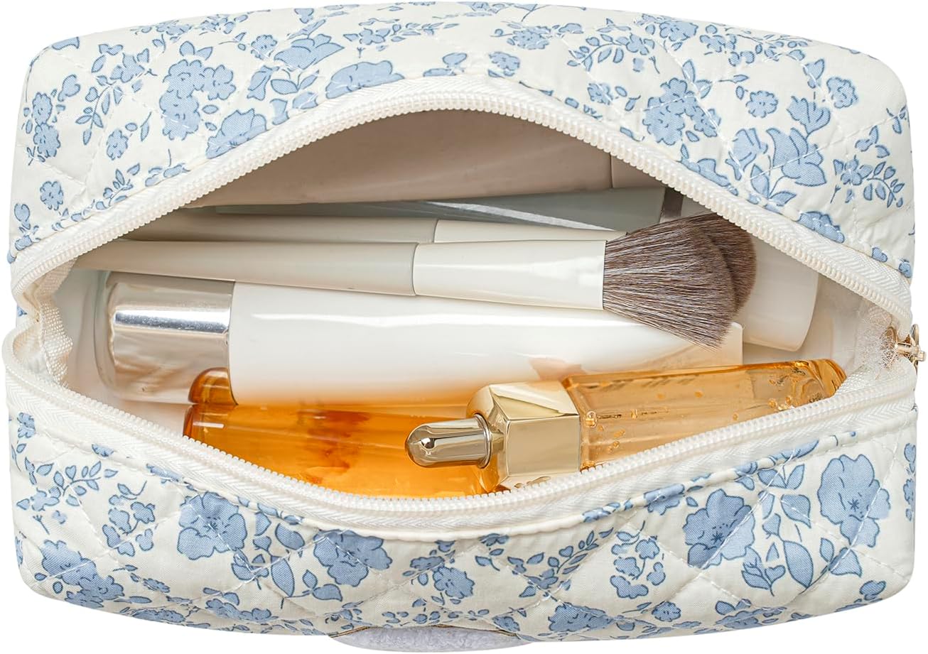 Alphabet Makeup Bag Cosmetic Bag for Women, Gifts for Girls Age 11-18, Personalized Floral Coquette Travel Bag, Trendy Stuff Zipper Make Up Pouch Organizer Bag (Blue Floral S) image 3