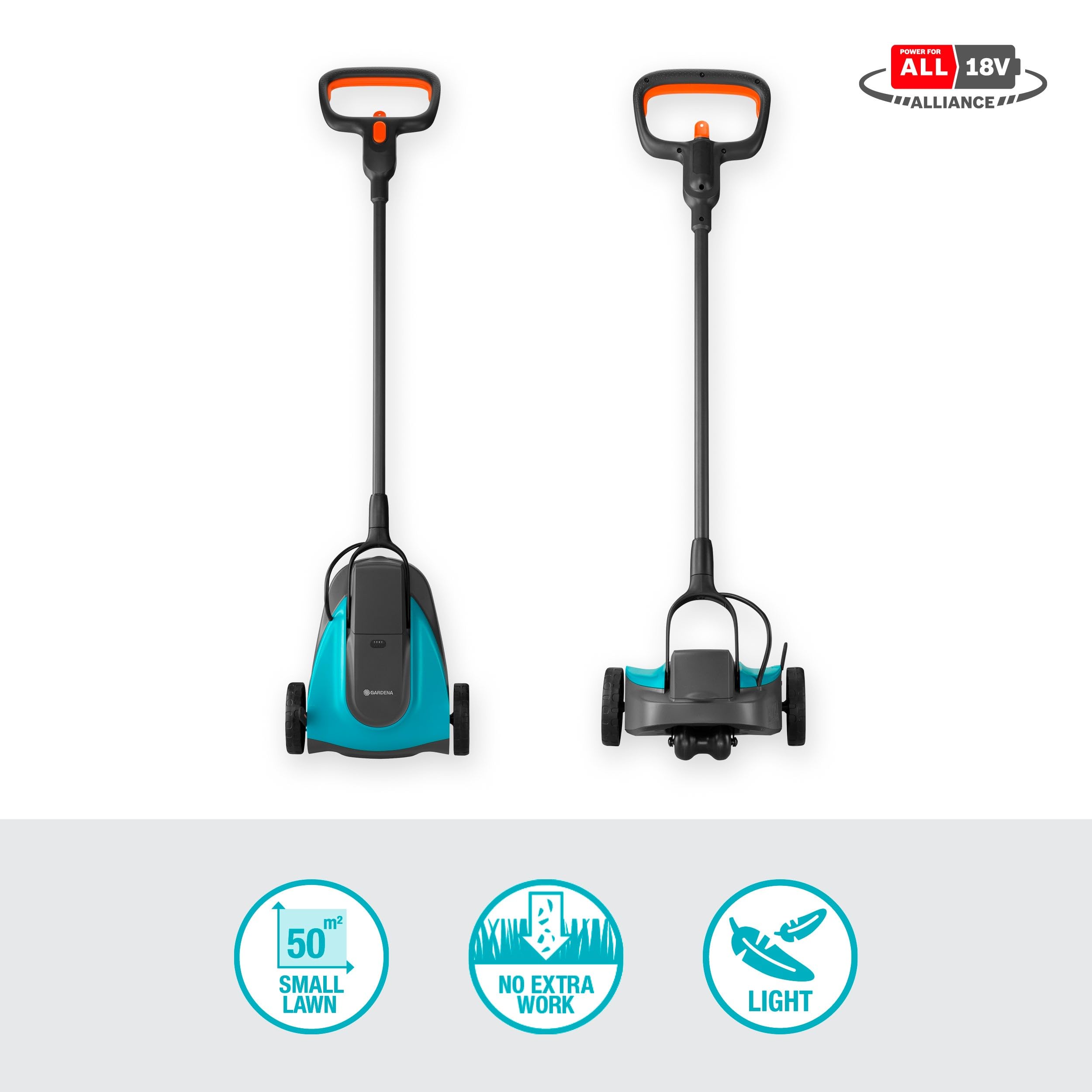 Gardena Set listo para usar cortacésped a Batería 22/18V P4A: Pequeño, Ligero, Cuchilla de mulching, Céspedes de hasta 50 m², Sin cable (14620-20)