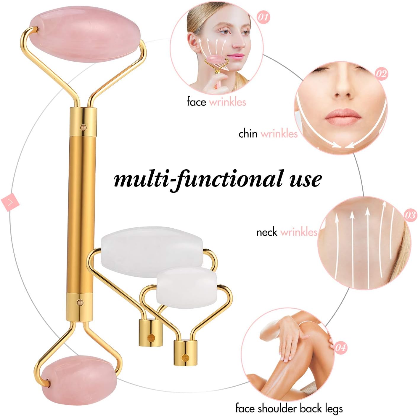 TOROCAT Jade Face Roller Rose Quartz Massage Jade Stone Anti-Aging Repair Wrinkles Jade Facial Roller Rejuvenates Neck Relax Beauty Detachable Replaceable Set (Pink) 2 Pack