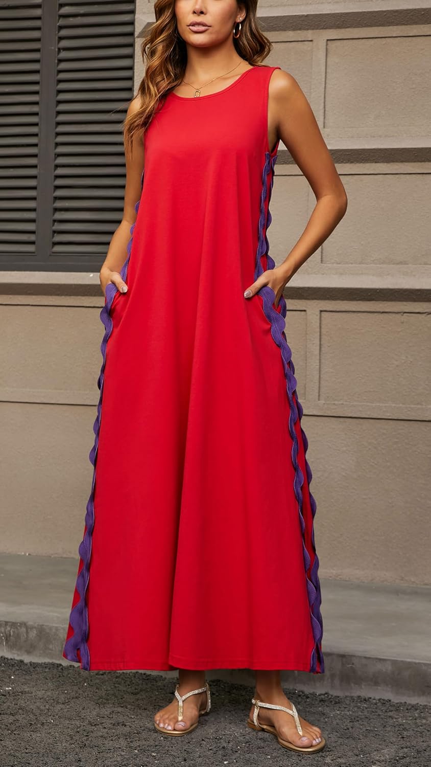 CHARTOU Women RIC Rac Open Back Beach Boho Long Summer Sleeveless Tank Dress with Pockets - Image 6