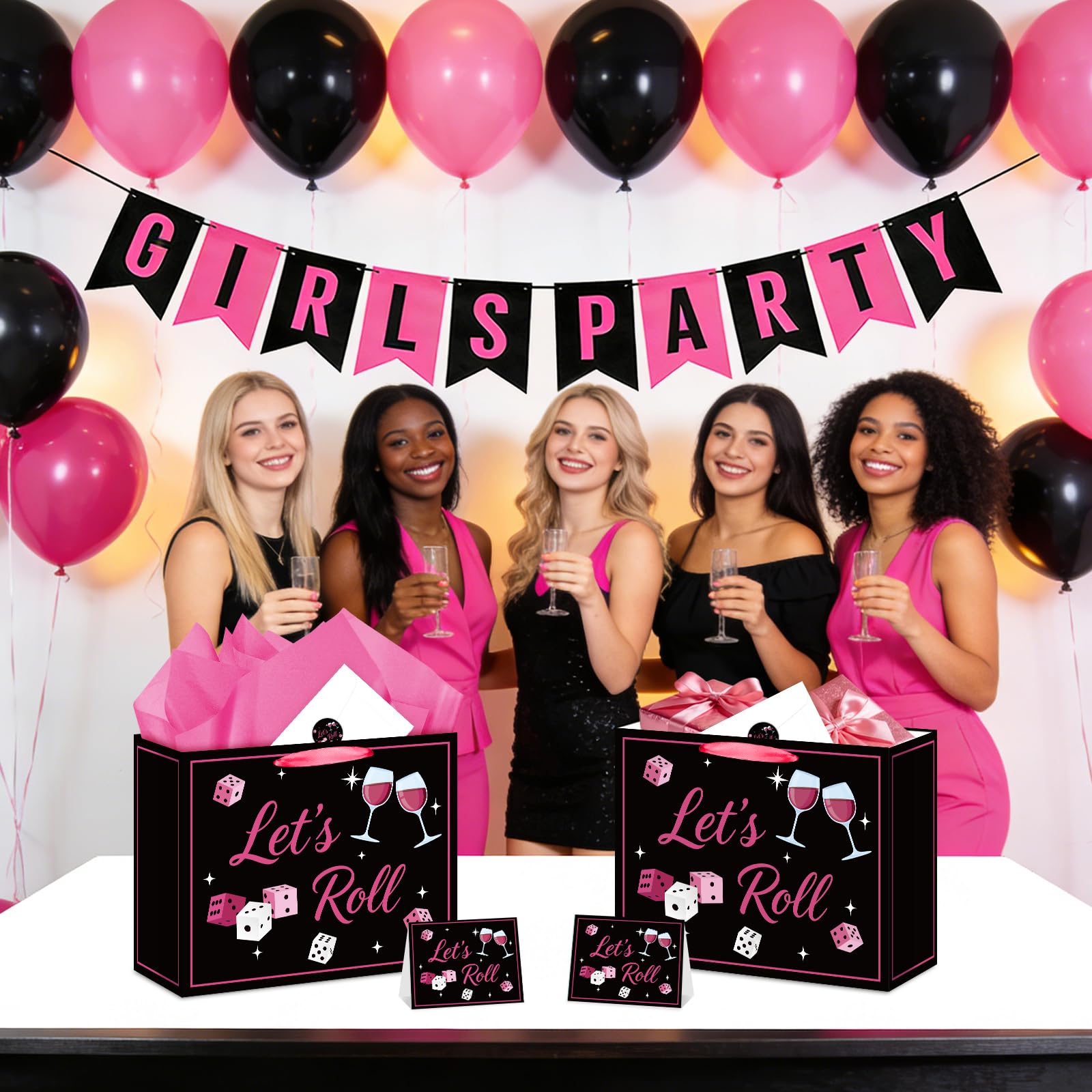 Bunco Gift Bag Set Dice Wine All-in-One Gift Wrapping Kit with Greeting Card, Sticker, Envelope and Tissue Paper for Birthday, Bridal Shower, Girls Night, Let's Roll Bachelorette Party Favors Decor