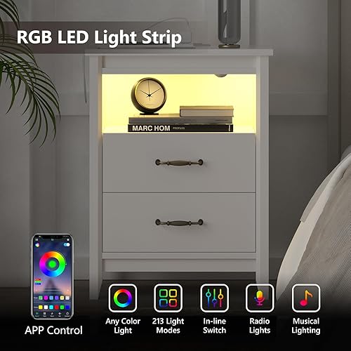 Miniatura 6 de IKENO Mesita de noche con estación de carga y luces LED, mesa auxiliar con 2 cajones y estante de almacenamiento para dormitorio, mesita de noche de