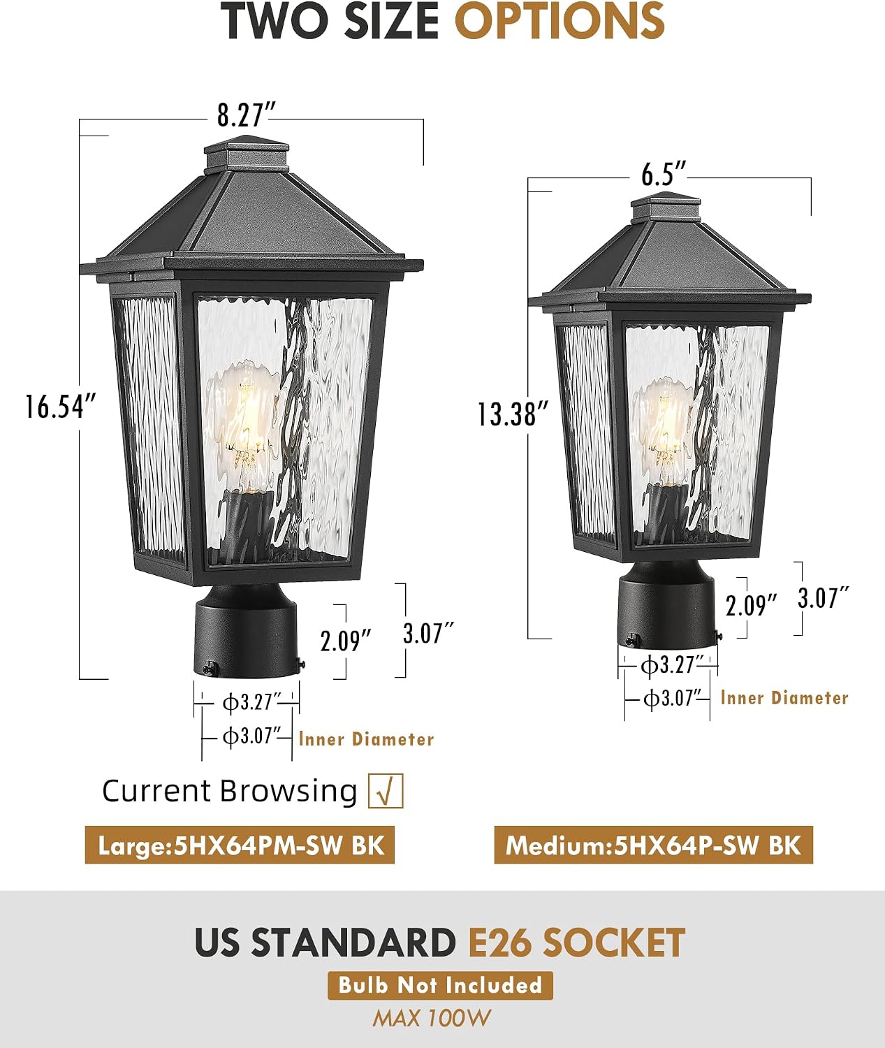 Post Lights Outdoor, HWH Modern Post Lamps Outdoor Light Fixture Exterior Pillar Lantern with Water Ripple Glass, Matte Black Finish, 5HX64PM-SW BK (Large)