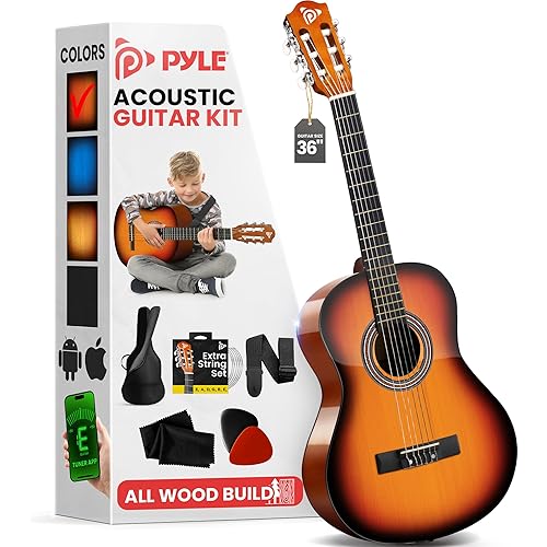 Pyle Beginner Acoustic Guitar Kit, 3/4 Junior Size All Wood Instrument for Kids, Adults, 36" Sun Burst, Gloss
