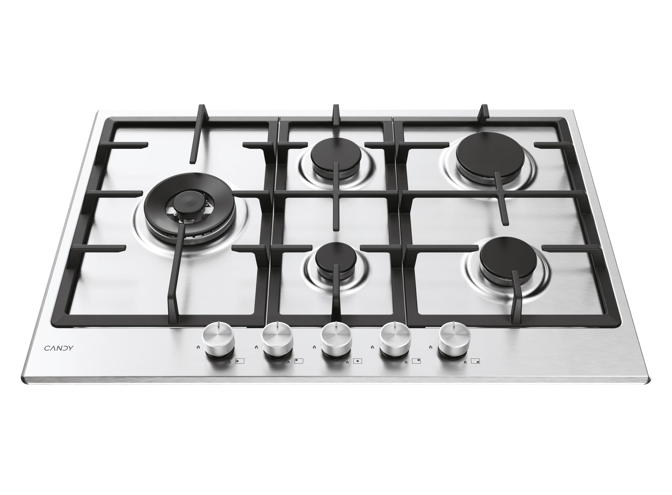 Candy Moderna Piano Cottura a Gas 5 Fuochi Acciaio Inossidabile Bruciatore Doppia Corona Griglie Lavabili Lavastoviglie 80x74,5x51 cm Inox CHG7WL4WTX
