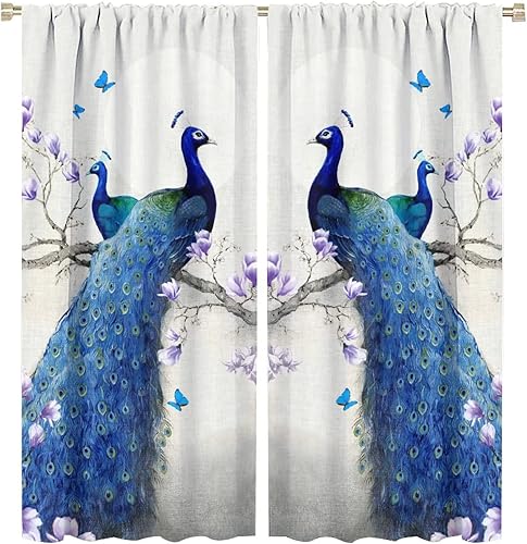 Miniatura 230 de Cortina opaca con estampado de pavo real, con estampado de animales retro, con bolsillo para cortinero y flores de peonía doradas, para dormitorio,